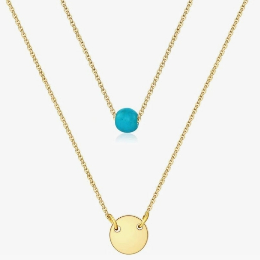 Bestelly 14k Gold Plated Layered Necklace w/a Golden Coin & Faux Turquoise Bead